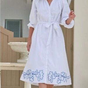 Elegant White Midi Dress with Blue Embroidery